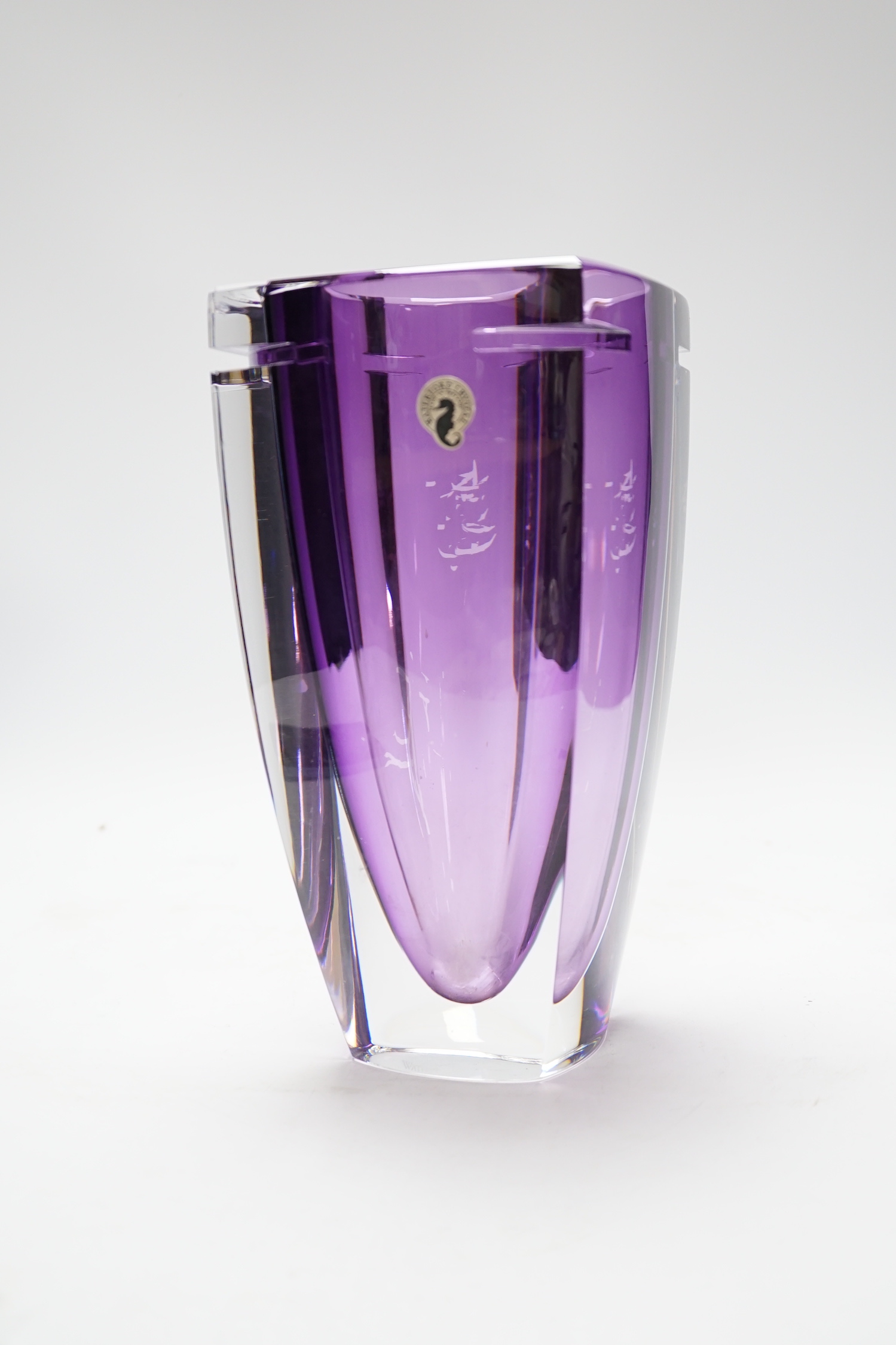 A Waterford amethyst stained square section glass vase, 24.5cm